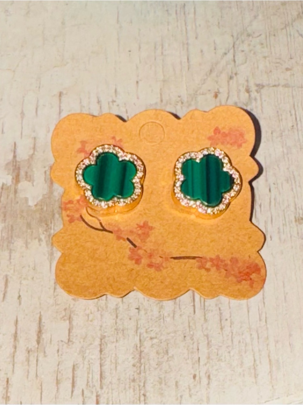 NWOT Green Clover Stud Earrings with Crystal Trim